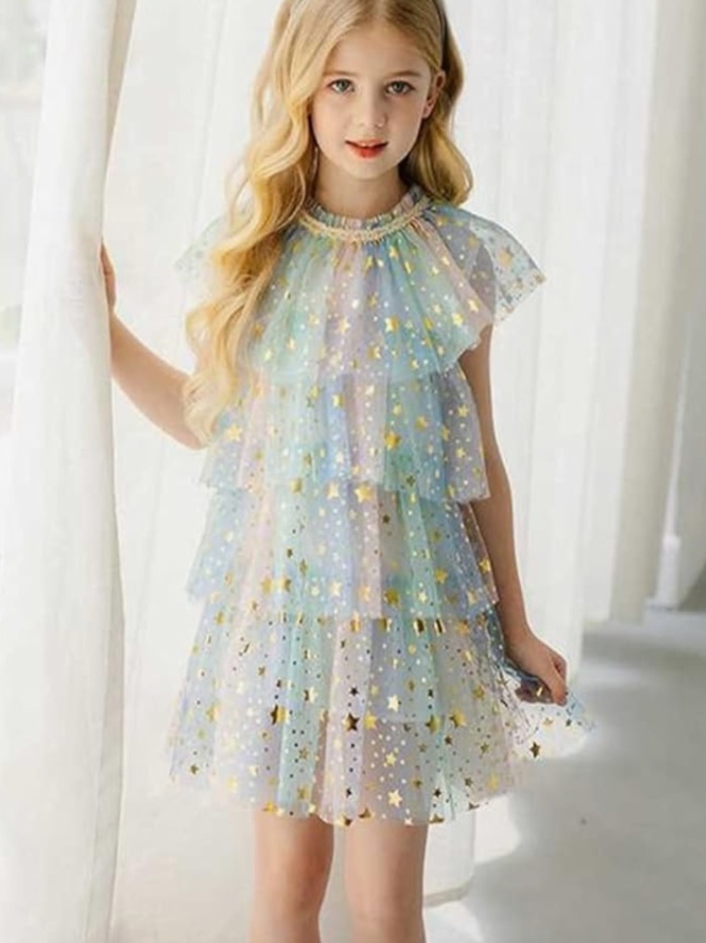 Girls Multi-Tier Star Tulle Dress in Pastel Blue with Gold Stars
